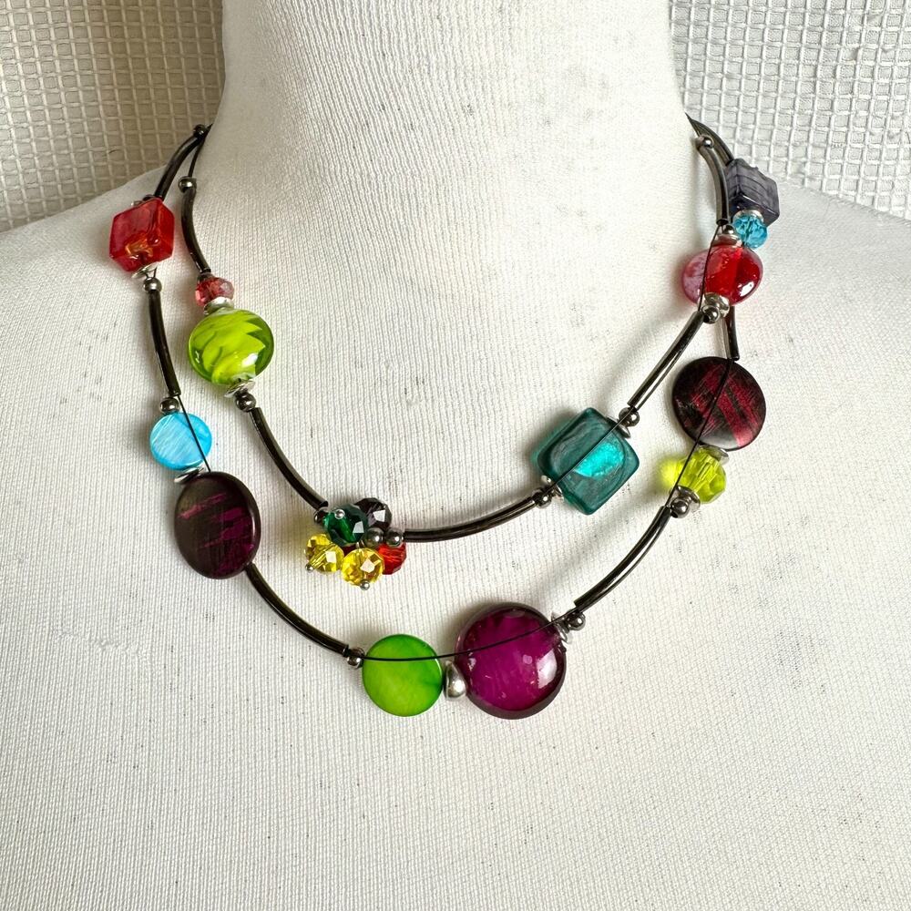 Ikita Glass Bead Necklace Two Strand Disc Stations Black Tone Metal Colorful